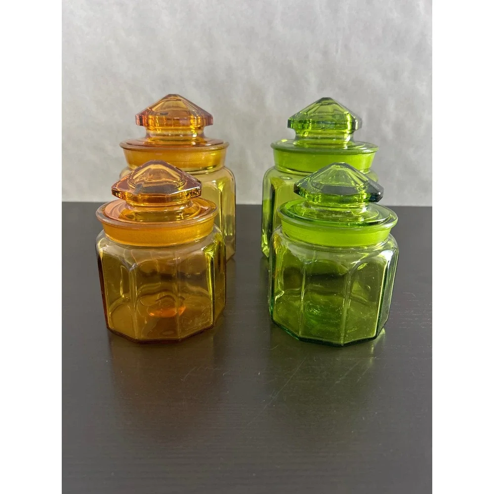Vintage Octagonal Glass Apothecary Jars Set of 4 Amber & Green Faceted Lids MCM